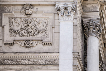 LVIV, UKRAINE - April, 2021: Lviv  Theatre of Opera and Ballet, decor elements on the facade of the house.