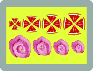 art minimalism four slices of oranges and four curlicues on a yellow background in a frame