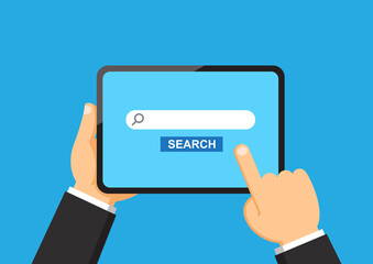 Businessman hand holding tablet with search bar and button on screen, Surfing the internet business concept, Flat design vector illustration