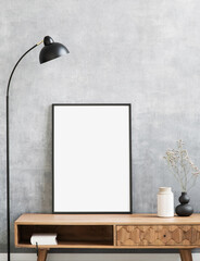 Blank picture frame mockup on gray wall. Living room design. View of modern style interior. Home...