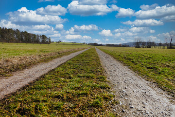 Obraz premium Perspektivische Aufnahme einer Traktorfahrspur bis zum Horizont, auf einer weitläufigen Wiese mit blauem Himmel und weissen Wolken
