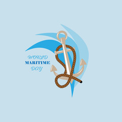 Vector illustration dedicated to the World maritime Day. Sea anchor and rope. Blue elements as symbols of waves. Banner, poster, sign. For various design purposes.