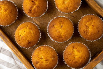 Biscuit muffins close-up. Sweet pastries. Party treat. Dessert on white table - homemade muffins. Portioned cupcakes. Simple muffin