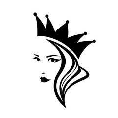 fairy tale queen or princess wearing royal crown - beautiful woman simple style black and white vector portrait