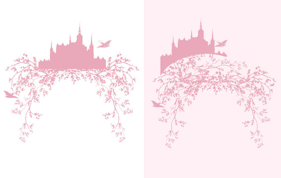 blooming spring season tree branches, fairy tale princess castle and flying swallow birds vector silhouette design set