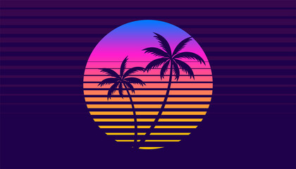 classic retro 80s style tropical sunset with palm tree - obrazy, fototapety, plakaty