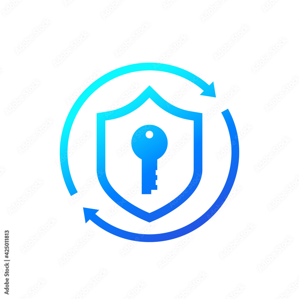 Poster cybersecurity, access and data protection icon with shield and key