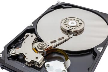Close up of hard disk hard disk magnetic tape inside, open cover hard disk in computer or server on white background. Technology background.