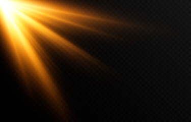 Vector golden light. Sun, sun rays, dawn, star, flare png. Golden Star. Golden flash png. Vector image.