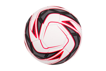 White soccer ball with black and red print on white background, isolated.