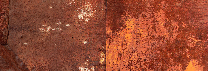Panoramic grunge rusted metal texture, rust and oxidized metal background, banner. Old metal iron...