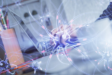 Double exposure of woman hands typing on computer and neuron drawing. Education concept.