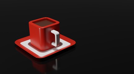 red coffee cup on a saucer on a shiny black background. simple design. 3d render