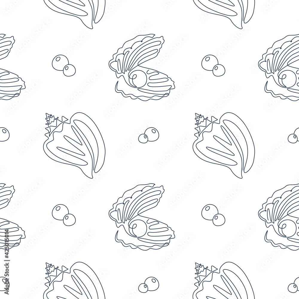 Poster Seashell Seamless Pattern in one line drawing. Vector ocean background with silhouette sea shells and pearl. Perfect for textiles, wallpaper and prints