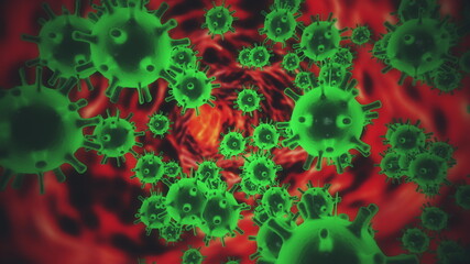 Virus cells of coronavirus 2019-nCov in blood vessel as azure color cells on black background. Animated concept of dangerous virus strain cases like coronavirus, SARS, MERS. 3d rendering 4K video.