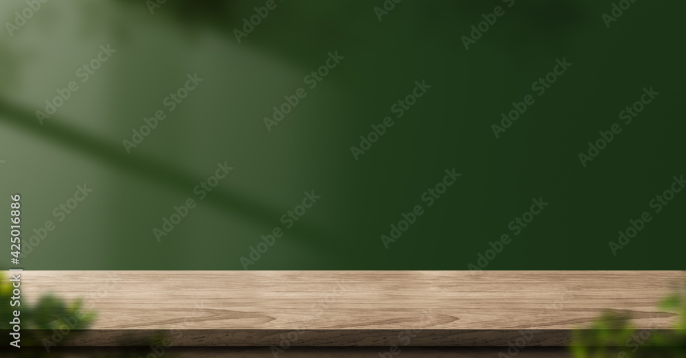 Aufkleber wood table green wall background with sunlight window create leaf shadow on wall with blur indoor gr