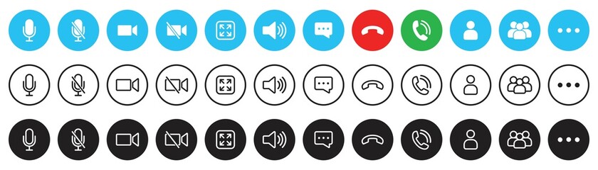 Video call icon set, Video conference buttons template for mobile phone online app, ui. online meeting workspace, internet talk, vector illustration