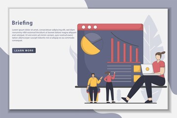 Flatline style design Teamwork Briefing landing page illustration. businesspeople discussing during training conference meeting. business people men women creative team office worker.