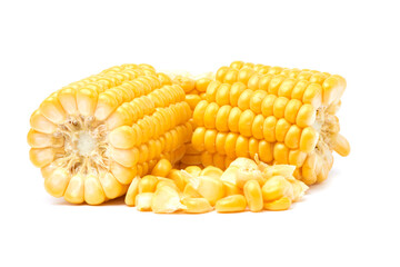 Pieces of Fresh organic corn cob and seeds isolated on white background