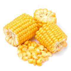 Pieces of Fresh organic corn cob and seeds isolated on white background