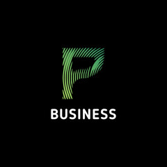 Green gradient abstract circular lines letter P initial monogram logo in black background