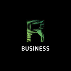 Green gradient abstract circular lines letter R initial monogram logo in black background