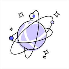 Planet icon. Globe in space with satellite, orbit and stars. Editable stroke. Vector pictogram about technology network, international connection and logistics. 