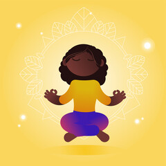 Cartoon style vector illustration. Cute african american girl meditating. Bright background with decorative round element. Online yoga practice. Asana for relaxation and balance.