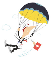 Smiling doctor a skydiver illustration.
Cheerfulness doctor with a bag drops by parachute isolated on white
