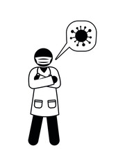doctor talks about coronavirus, isolated stick figure icon, pictogram medical worker, stickman on white background