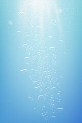 Naklejka na ściany i meble Blue abstract vertical background with sparkles. Water with bubbles and white light shining from sky vector illustration. Magic bright summer wallpaper, poster or celebration card