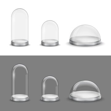 Glass domes set on white and grey backgrounds. Transparent crystal cases with round silver trays vector illustration. Empty realistic Christmas containers, displays or showcases