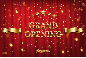 Grand opening on stage in spotlight with red curtain background. Ceremony starting, celebration event, announcement vector illustration. Theatre scene with golden text, stars, ribbon