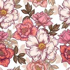 Seamless pattern with flowers. Design for wallpaper, fabric, wrapping paper, cover art and more. Vector illustration