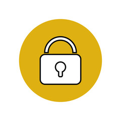Lock icon. White silhouette symbol with black outline in a yellow circle. System security. Phone screen menu item for applications. Smartphone user interface button. Vector graphics.
