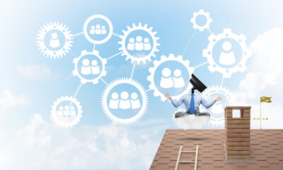 Concept of security and privacy protection with camera headed man meditating