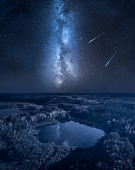 Milky way over small lake. Wildlife in Poland