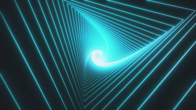 Animation for music videos, nightclubs, LED screens, projection shows, video mapping, audiovisual performances. 3d rendering Loop animation Futuristic tunnel with neon lights, blue shaped triangle.
