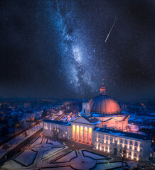 Milky way over Catholic Roman Basilica in Bydgoszcz