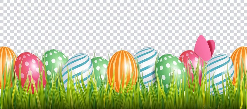 Easter background with realistic painted eggs and grass. Isolated vector illustration  on transparent background, horizontal poster, template greeting card, header for website