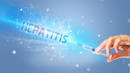 Syringe, medical injection in hand