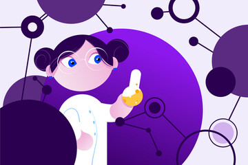 A female scientist in a lab coat looks at chemical substance. Scientific Research, Chemistry Biology. Vector illustration in flat cartoon style.