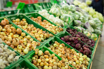 Onions and garlic on the supermarket shelf vegetable
