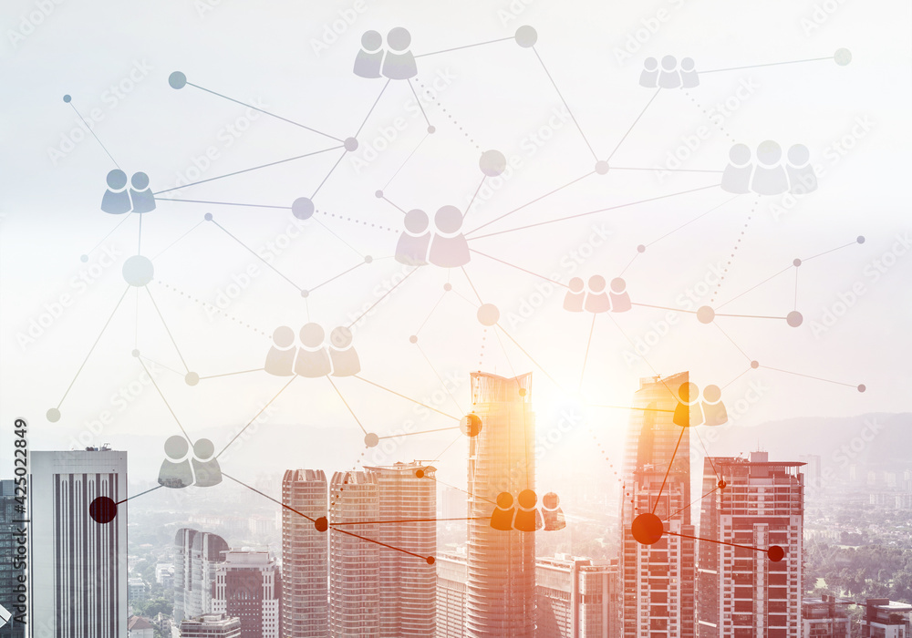 Poster modern city and social net as concept for global networking