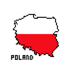 2d 8 bit pixel art Poland map covered with flag isolated on white background. Old school vintage retro 80s, 90s platform computer, video game graphics. Slot machine design element. Country geography.