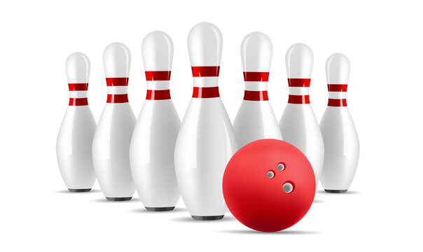 Bowling ball and pin set, white skittle with red stripes and red ball, classic game