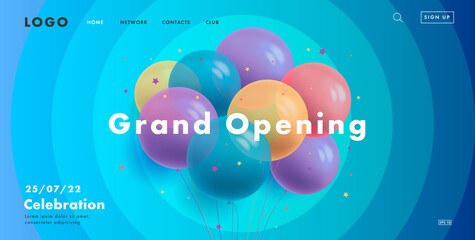 grand opening web banner with bunch of round transparent air balloons on blue background with circles, modern style landing page design - obrazy, fototapety, plakaty