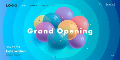 Fotobehang grand opening web banner with bunch of round transparent air balloons on blue background with circles, modern style landing page design © marynaionova