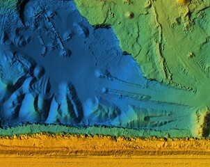 Digital elevation model. GIS product made after proccesing aerial pictures. It shows excavation site with steep rock walls and piles of aggregates  that was mapped from a drone	

