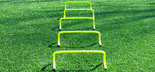 Five yellow mini hurdles set up on green turf field